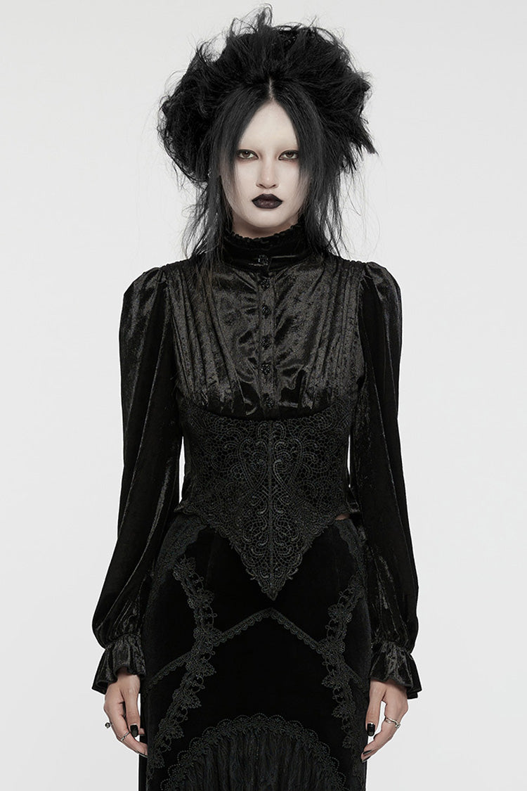 Black Stand Collar Irregular Pleated Velvet Women's Gothic Blouse - Black - 1