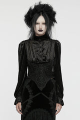 Black Stand Collar Irregular Pleated Velvet Women's Gothic Blouse - Black - 1