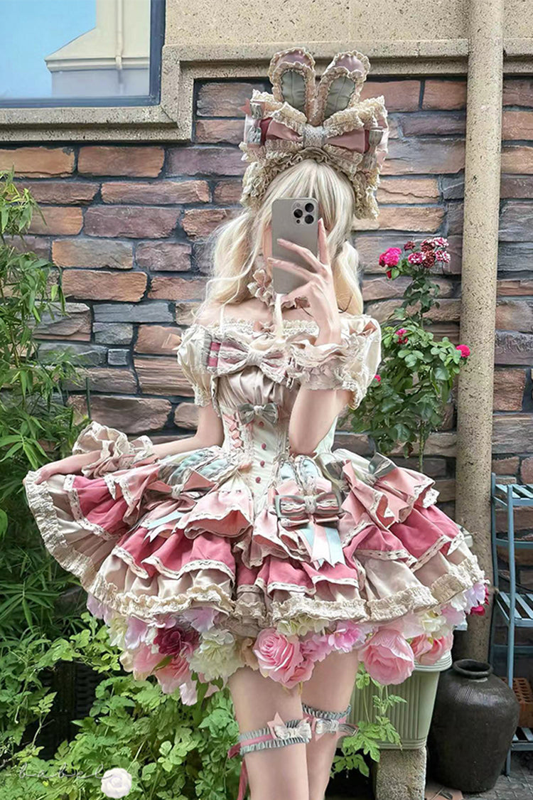 [Ribbon Dance] Multi-Layered Ruffle Bowknot Lace-Up Sweet Princess Lolita Dress 3 Colors - Product - 3