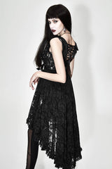 Black Waist Knot Back Lace-Up Frill Hem Sleeveless Rose Lace Mesh Women's Gothic T-Shirt - Product - 4
