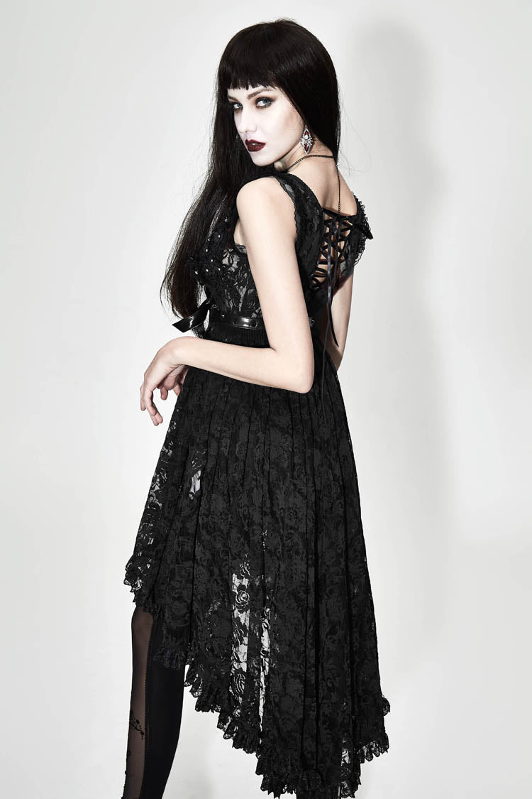 Black Waist Knot Back Lace-Up Frill Hem Sleeveless Rose Lace Mesh Women's Gothic T-Shirt - Product - 4