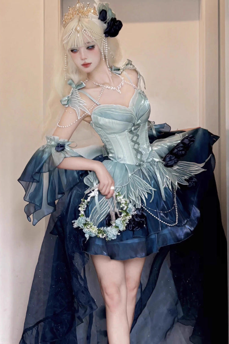 Undersea Blue [Swan Wonderland] Embroidery Bowknot Lace-Up Sweet Ballet Lolita Jsk Dress Short Version - Product - 3