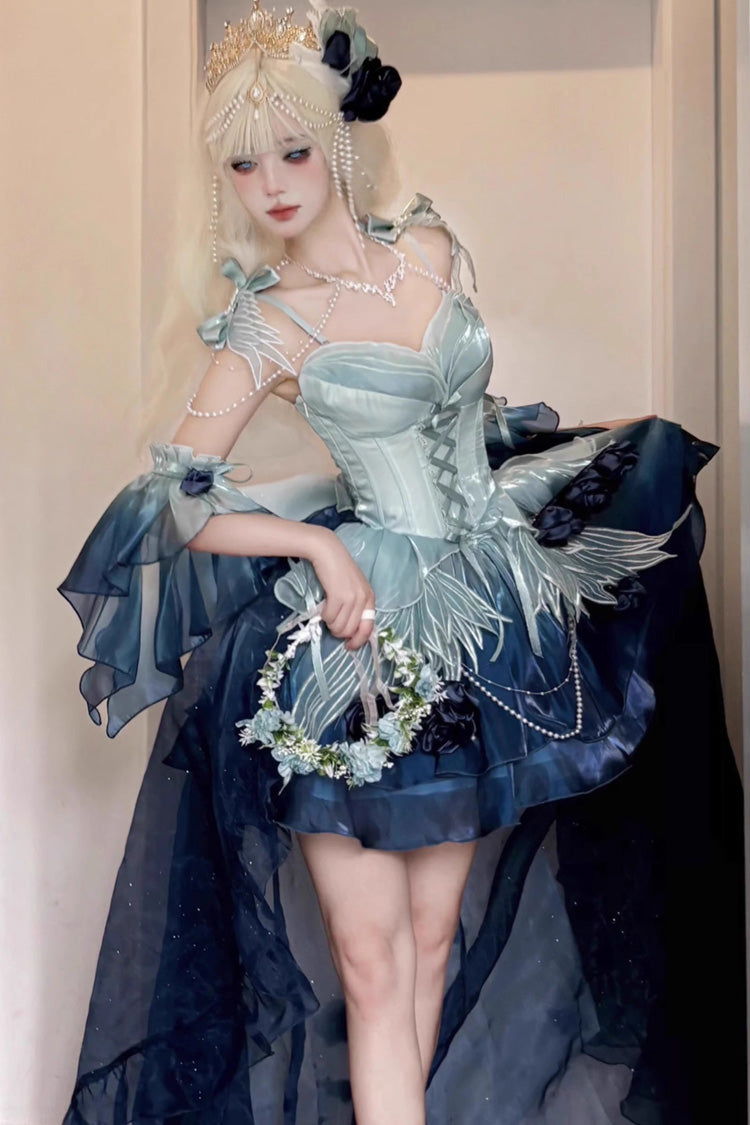 Undersea Blue [Swan Wonderland] Embroidery Bowknot Lace-Up Sweet Ballet Lolita Jsk Dress Short Version - Product - 3