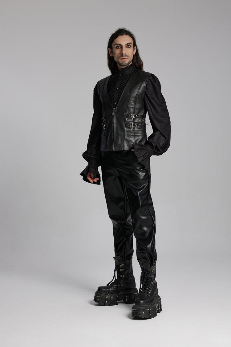 Black V Collar Sleeveless Buckle-up Zip Men's Gothic Vest - Product - 4