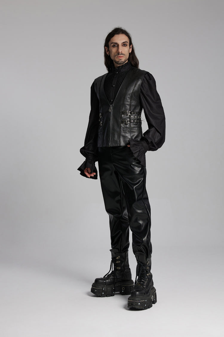 Black V Collar Sleeveless Buckle-up Zip Men's Gothic Vest - Product - 4