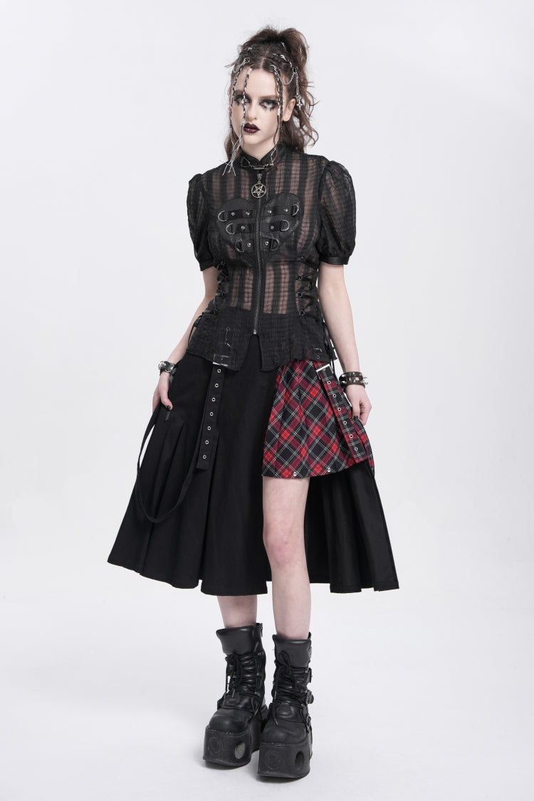 Black Stand Collar Short Puff Sleeves Sheer Mesh Women's Gothic Blouse - Product - 8