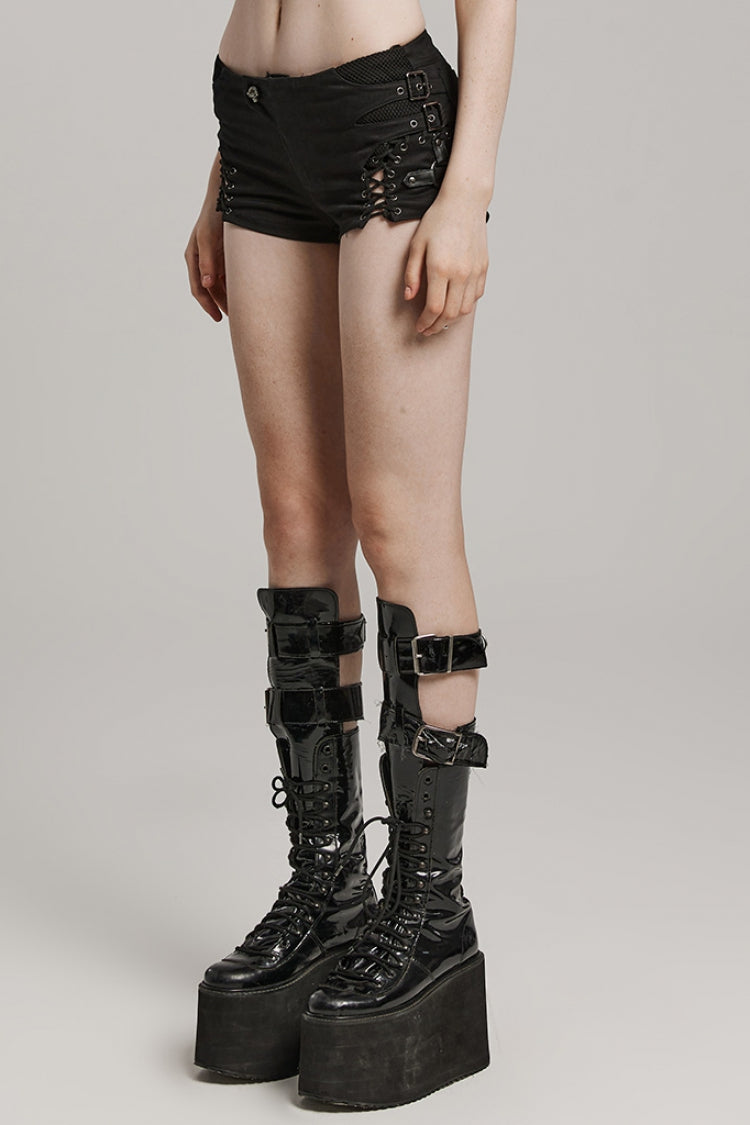 Black Lace-Up Mesh Buckle Women's Punk Shorts - Product - 2