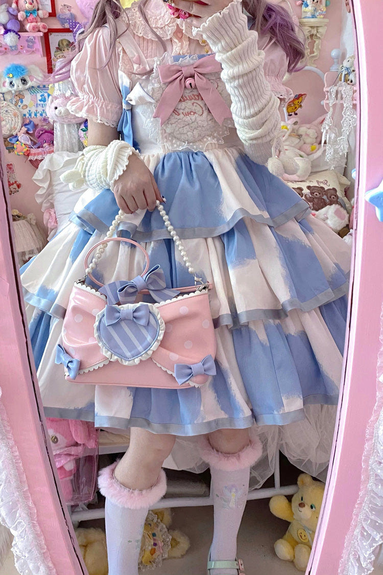 Blue Sleeveless Triple-Layered Cow Print Ruffle Bowknot Sweet Lolita Jsk Dress - Product - 12