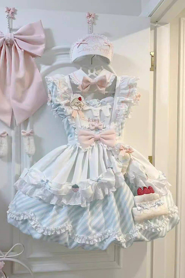 [Puppy Pastry Chef] Lapel Collar Printed Ruffled Embroidered Bow Lace Asymmetric Sweet Lolita Dress 3 Colors (Yellow, Blue, Pink) - Blue - 1