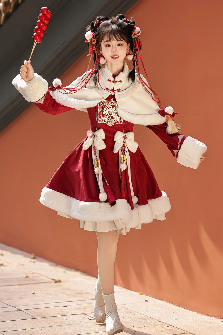 Red Long Sleeves Ruffle Embroidery Bowknot Chinese Style Sweet Lolita Hanfu Dress - Product - 4