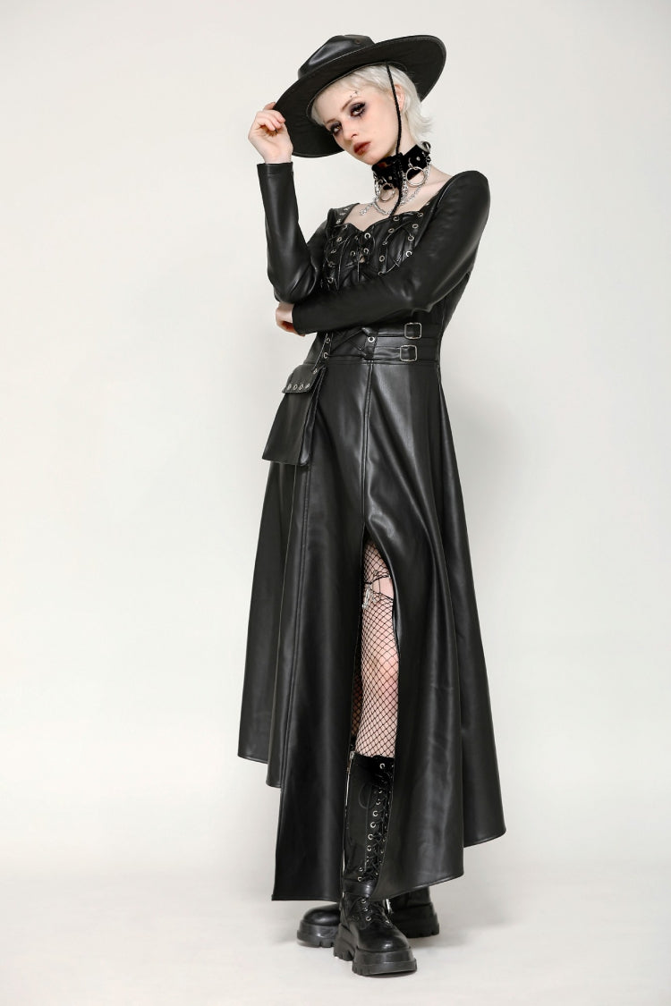 Black Women's Punk Long Sleeves Cut-Out Side Slit Irregular Hem Dress - Product - 10