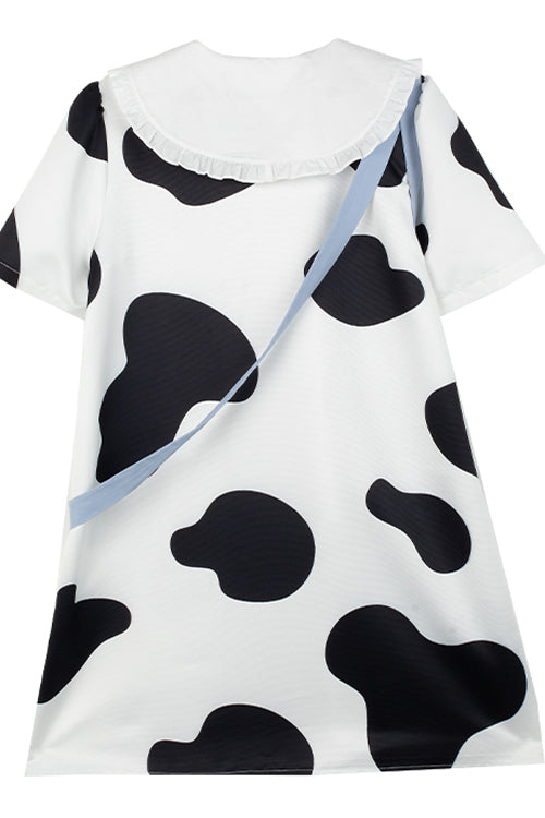Black/White Doll Collar Short Sleeves Milk Cow Print Sweet Lolita Dress - Product - 8