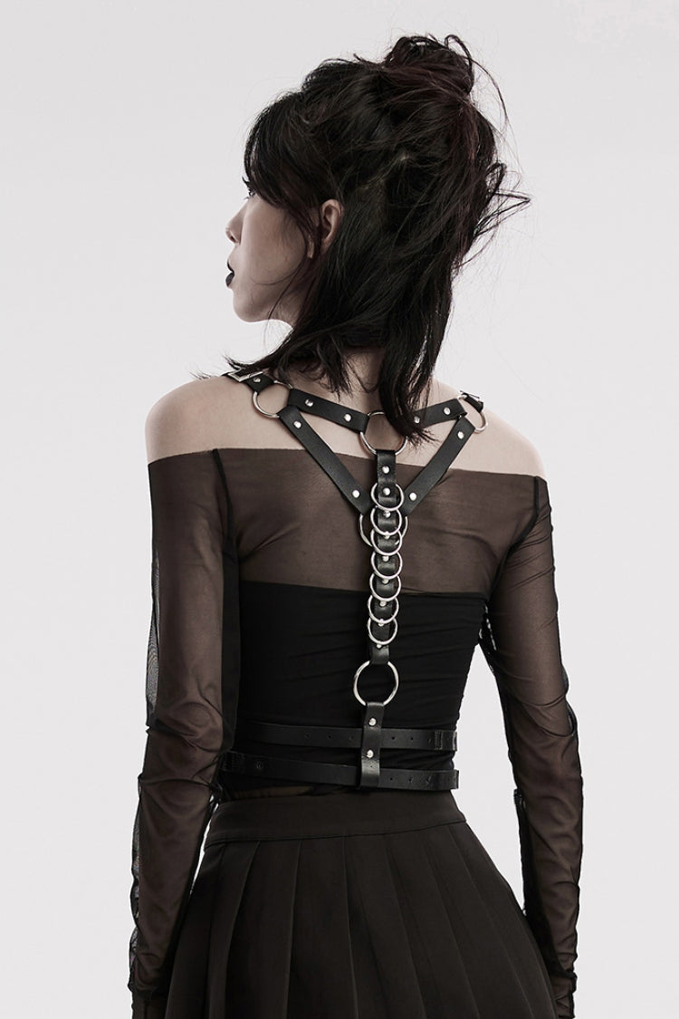 Black Adjustable Double-shoulder Faux Leather Multiple Metal Rings Women's Steampunk Harness - Product - 3