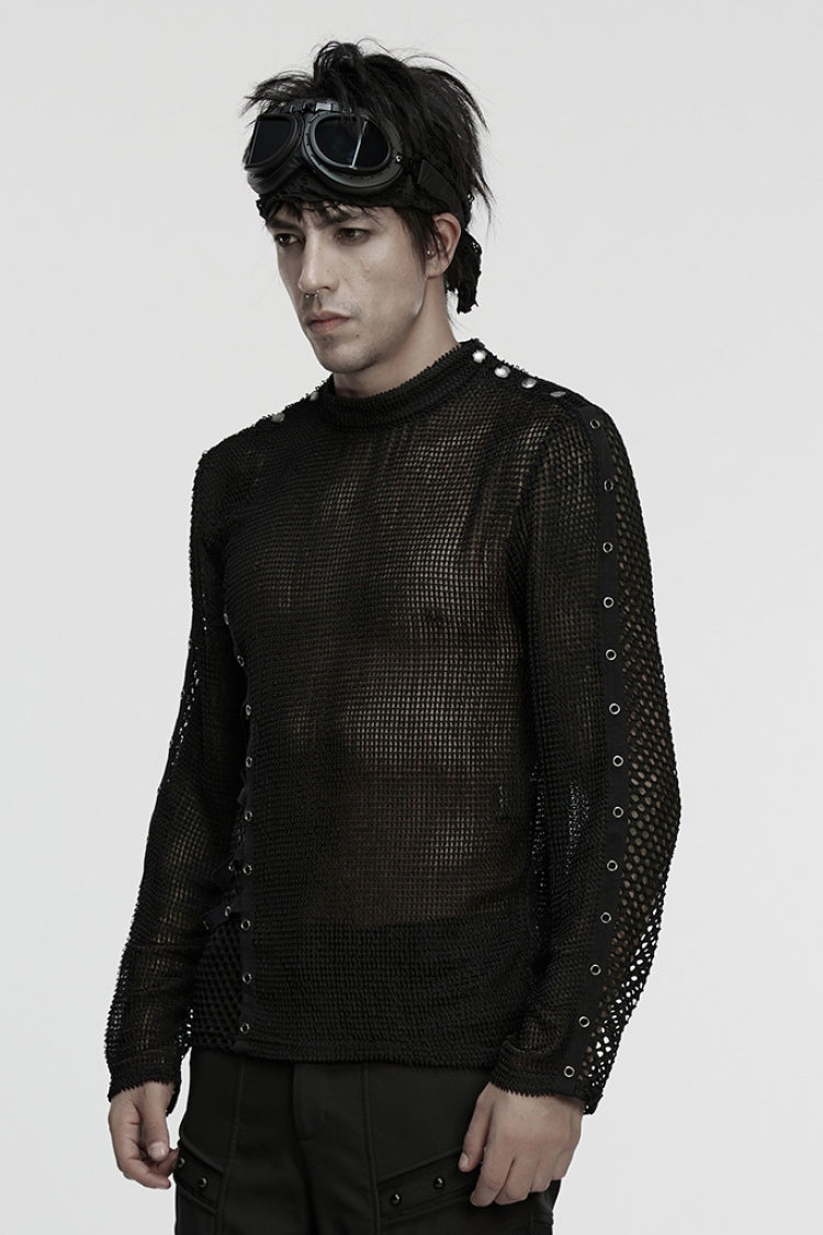 Black Long Sleeves Mesh Eyelet Men's Punk T-Shirt - Product - 2