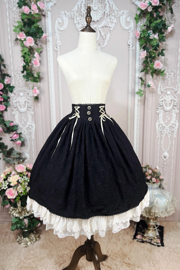 Black [Heart of Rose] High Waisted Ruffle Embroidery Lace-Up Sweet Vintage Elegant Palace Lolita Skirt - Product - 6