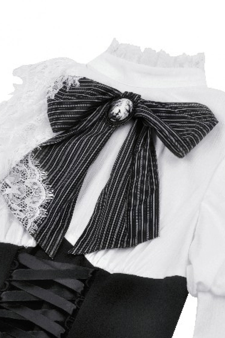 Black/White Lace High Collar Asymmetric Long Trumpet Puff Sleeves Bowknot Women's Lolita Gothic Short Dress - Product - 21