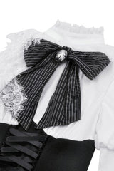 Black/White Lace High Collar Asymmetric Long Trumpet Puff Sleeves Bowknot Women's Lolita Gothic Short Dress - Product - 21