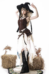 Brown/White [Dune Shadow Seeker] Sleeveless Ruffled Embroidered Irregular Vintage Lolita Skirt Set - Product - 13