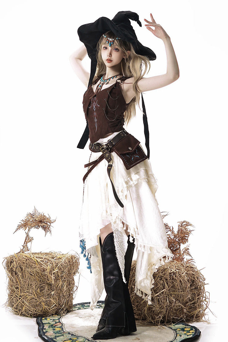 Brown/White [Dune Shadow Seeker] Sleeveless Ruffled Embroidered Irregular Vintage Lolita Skirt Set - Product - 13