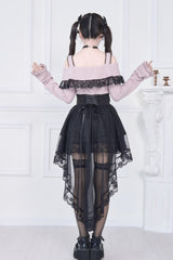 Jirai Kei Fake Two Pieces Off Shoulder Long Sleeves Ruffle Bowknot Lace Gothic Dress 2 Colors - Product - 9