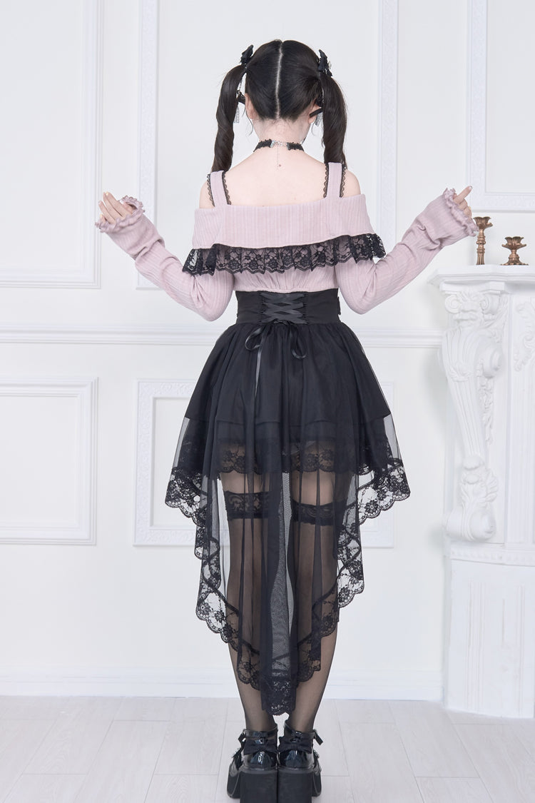 Jirai Kei Fake Two Pieces Off Shoulder Long Sleeves Ruffle Bowknot Lace Gothic Dress 2 Colors - Product - 9