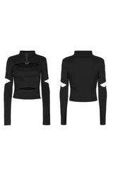 Comfortable Stitching Chain Cutout Turtleneck Ribbon Style Stretch Women's Punk T-Shirt 2 Colors - Product - 7