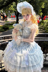 Blue [Moonlit Sakura Ode] Sleeveless Multi-Layered Ruffled Bow Lace Sweet Lolita Dress - Product - 5