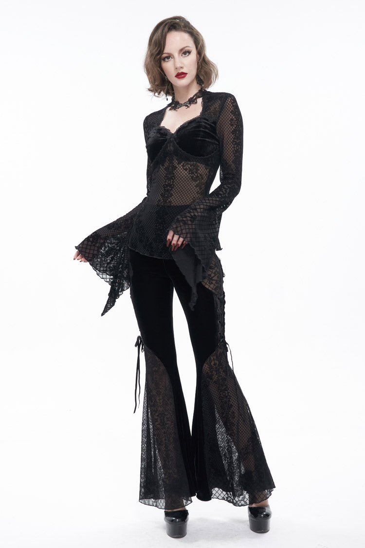 Black Velvet Mesh Splicing Metal Buttons Flared Sleeve Lace Women's Gothic T-Shirt - Product - 6