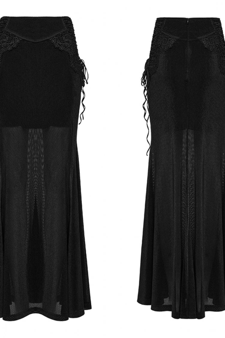 Black Embroidered Lace-Up Slim Women's Gothic Elegant Long Skirt - Product - 8