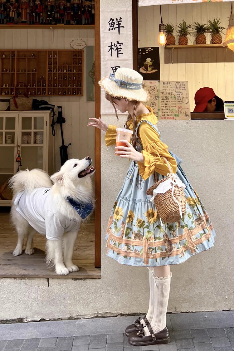 Cat and Sunflower Print Bowknot Sweet Lolita Jsk Dress 2 Colors - Product - 4