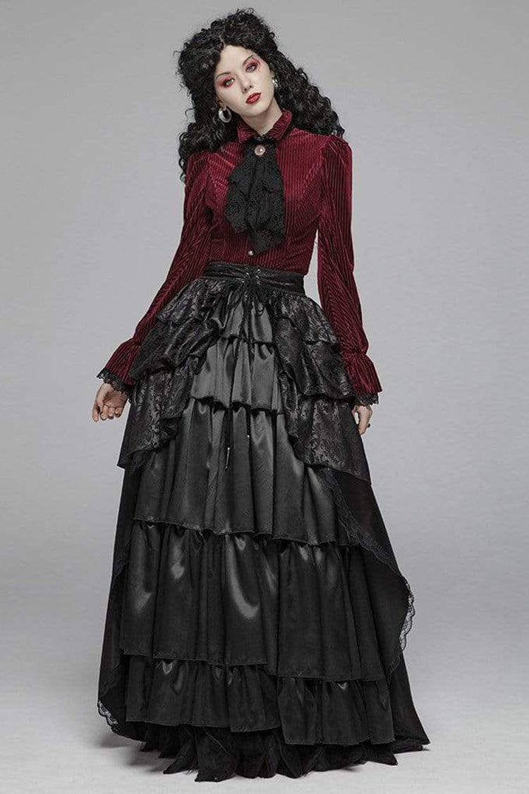 Striped Velvet Metal Retro Button Lace Cuff Back Waist Lace Up Women's Gothic Blouse - Product - 6