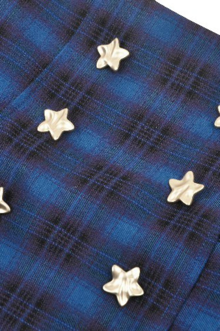 Blue Women's Vintage College Style Stars Plaid Pleated Short Skirt - Product - 11