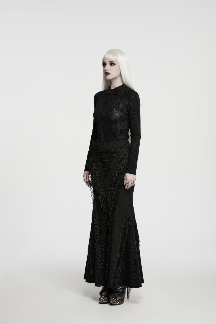 Black  High Collar Long Sleeves Rose Jacquard Lace Slim Fit Women's Gothic Luxurious Top - Product - 2
