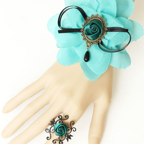 Retro Fashion Personality Blue Rose Chiffon Flower Female Lolita Ring Bracelet - Blue - 1