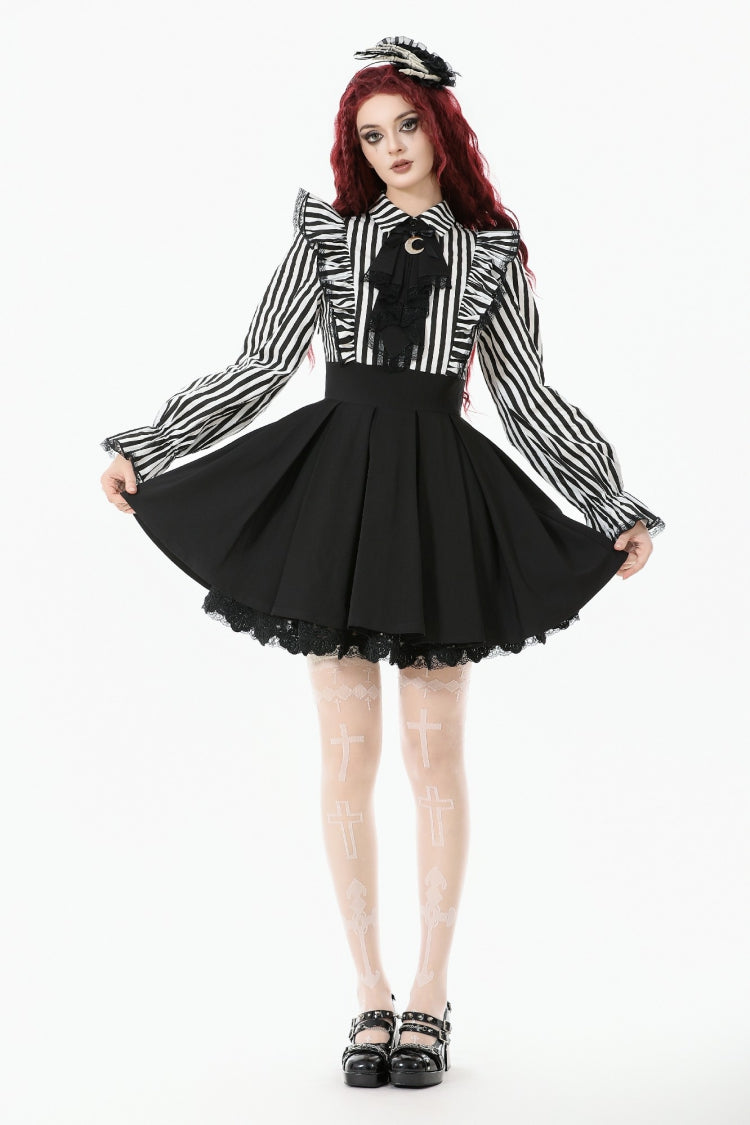 Black/White Striped Lapel Collar Long Sleeves Moon Lace Bow Ruffled Pleated Women's Gothic Dress - Product - 10