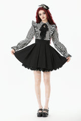 Black/White Striped Lapel Collar Long Sleeves Moon Lace Bow Ruffled Pleated Women's Gothic Dress - Product - 10