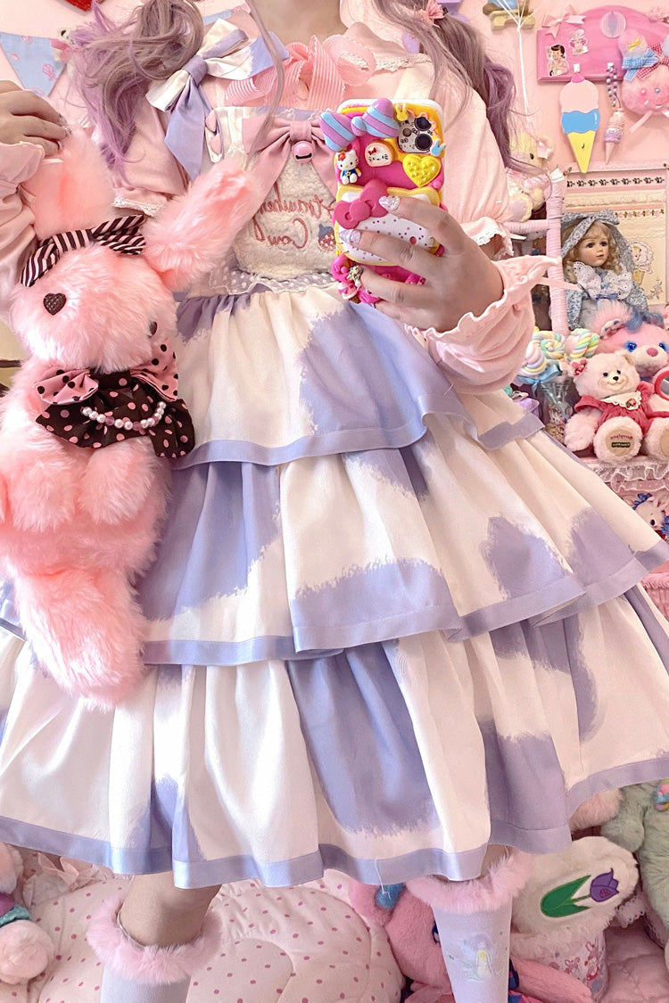 Blue Sleeveless Triple-Layered Cow Print Ruffle Bowknot Sweet (Dress Only) detail view 7