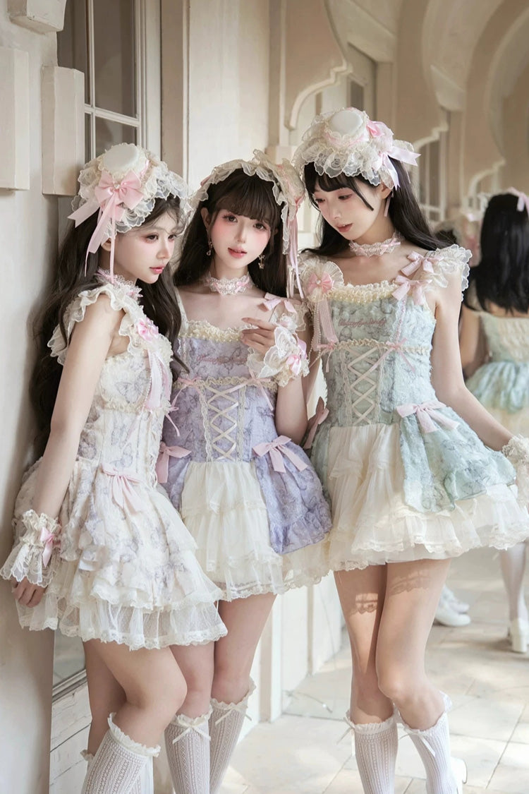 [Summer Butterfly] Square Collar Flutter Sleeves Multi-Layered Printed Ruffled Bow Lace Sweet Lolita Jsk Dress 5 Colors (Blue, Pink, Purple, Green, Beige) - Product - 2