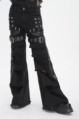 Black Faux Leather Splice Men's Punk Flared Pants - Black - 1