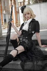 Black Lapel Collar Short Sleeves Lace Prince Ouji Lolita Three-piece Set - Product - 8