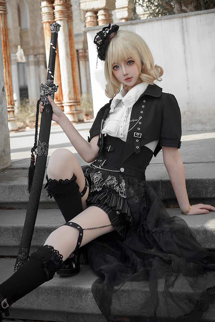 Black Lapel Collar Short Sleeves Lace Prince Ouji Lolita Three-piece Set - Product - 8