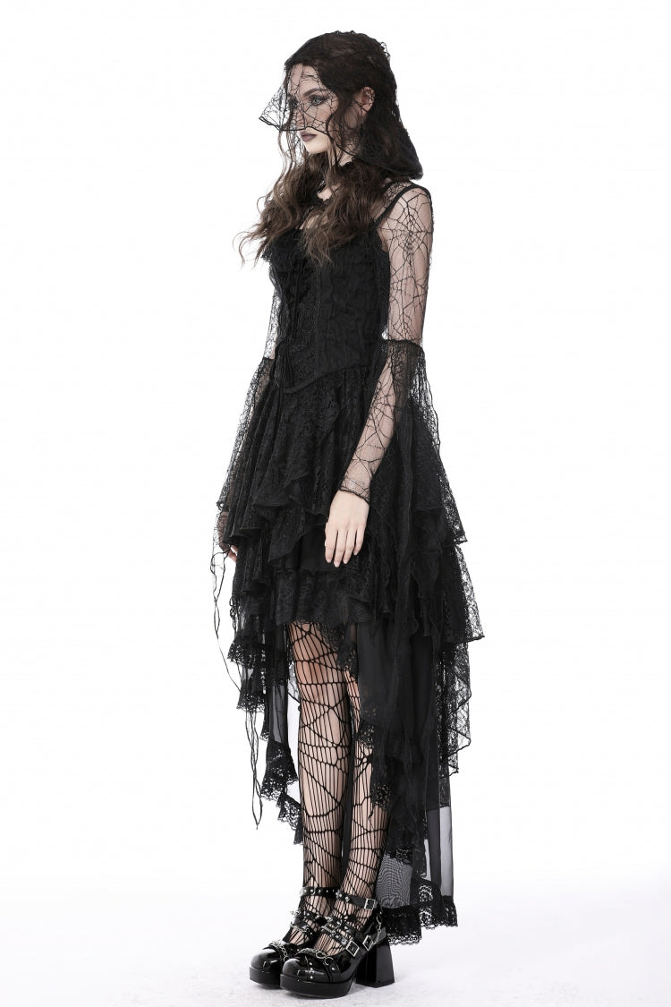 Black Spider Exaggerated Long Flared Sleeves Lace-Up Sheer Women's Gothic Cape with Hood - Product - 2