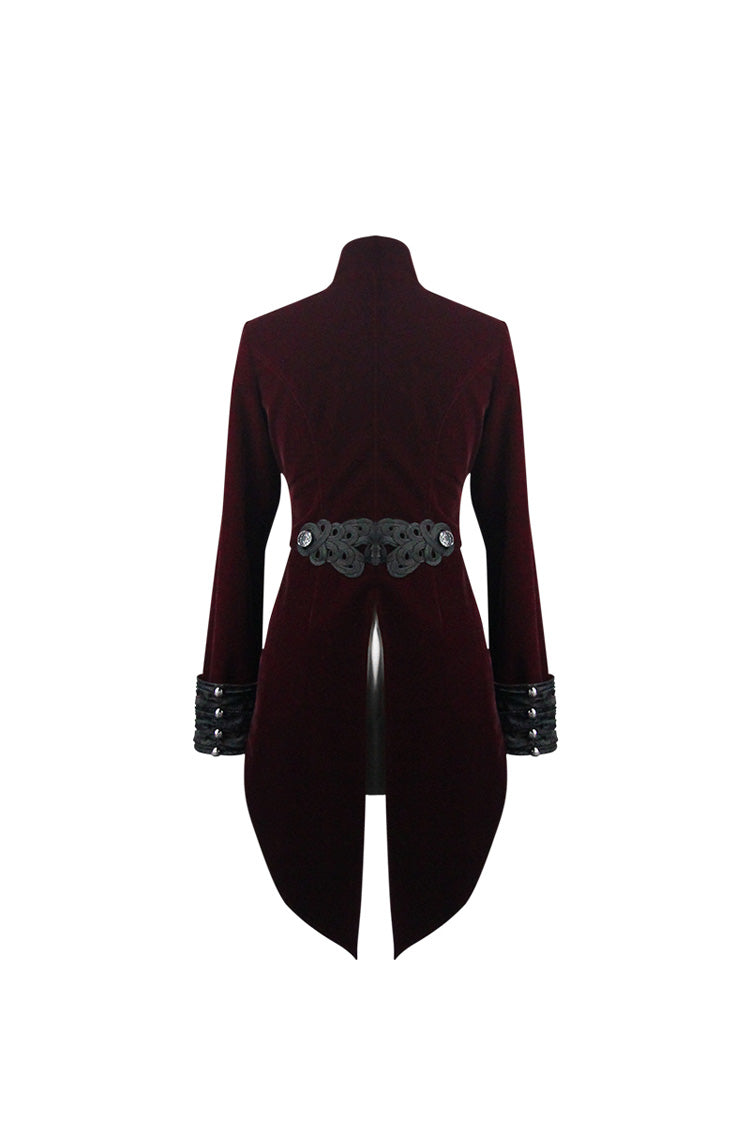 Red/Black Jacquard Lapel Embroidered Metal Nail Velveteen Swallowtail Women's Gothic Coat - Product - 7