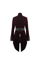 Red/Black Jacquard Lapel Embroidered Metal Nail Velveteen Swallowtail Women's Gothic Coat - Product - 7