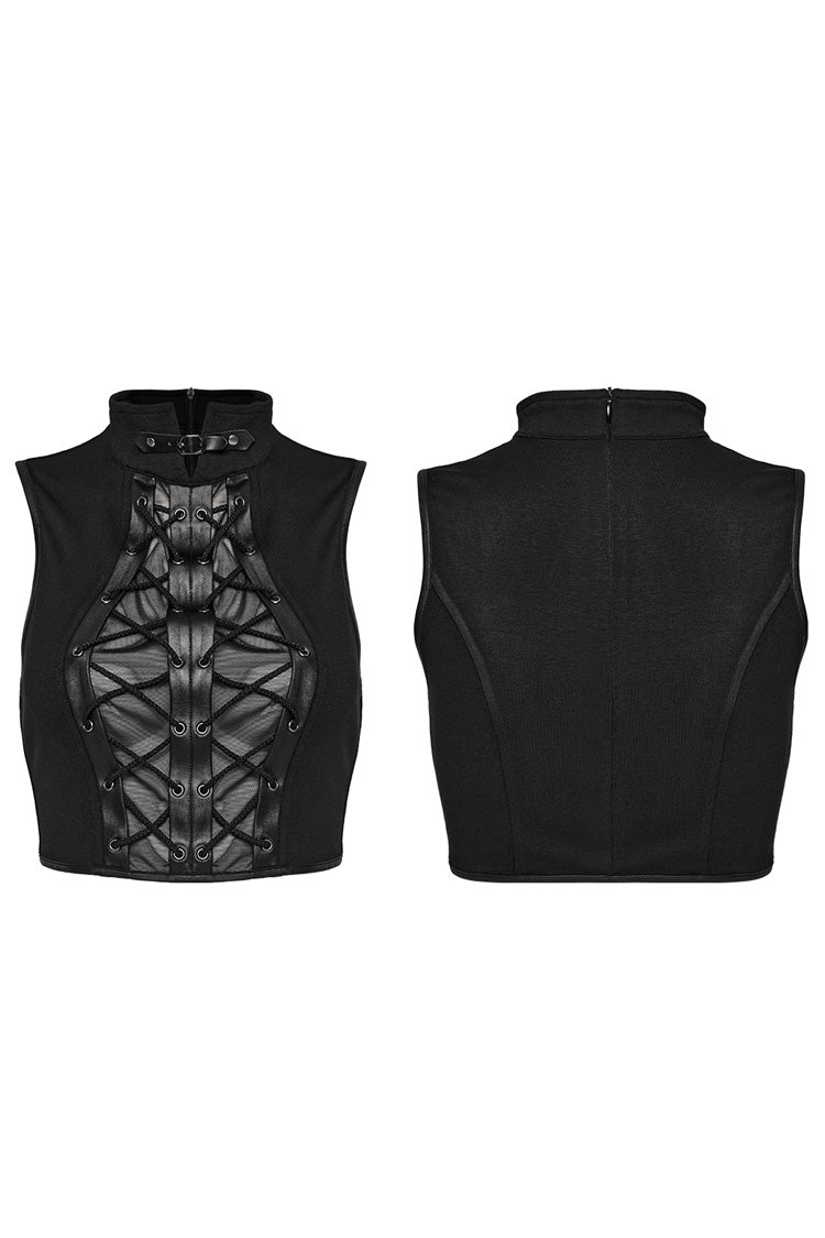Black Stand Collar Sleeveless Stitching Lace-Up Ripped Women's Punk Tank Top - Product - 5