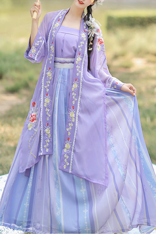 Purple Chinese Style Song Dynasty Exquisite Embroidery Three Piece Sweet Hanfu Dress - Purple - 1