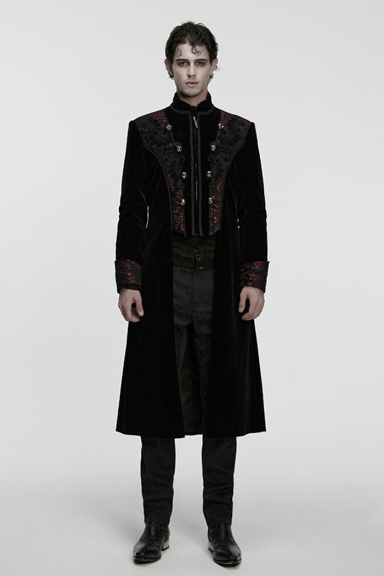 Black/Red Stand Collar Long Sleeves Floral Jacquard Bouble-breasted Zipper Men's Gothic Coat - Black/Red - 1