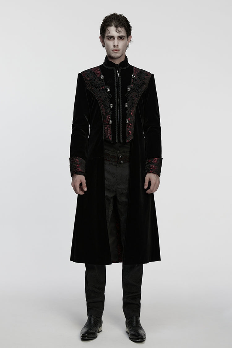 Black/Red Stand Collar Long Sleeves Floral Jacquard Bouble-breasted Zipper Men's Gothic Coat - Black/Red - 1