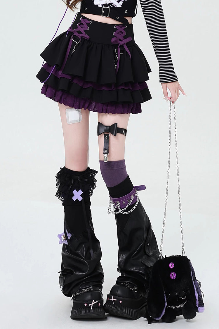 [Rebellious Period] Double-Layered Ruffle Lace-Up Gothic Japanese Lolita Skirt 3 Colors - Black/Purple - 4