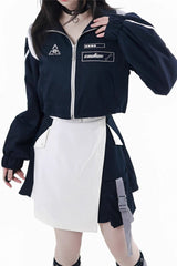 Blue/White [Message Overload] Techwear Long Sleeves Embroidered Asymmetric Zippered Jirai Kei Dress Short Coat Set - Product - 4